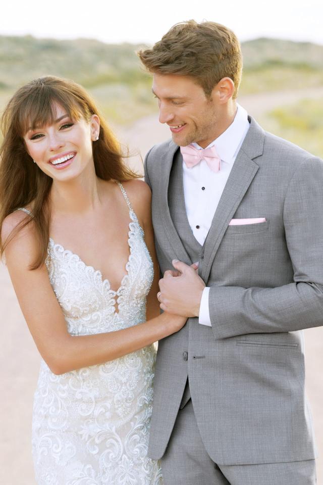 Wedding Suit Heather Grey Allure Men Clayton with Matching Fullback Vest and Blush Bow Tie